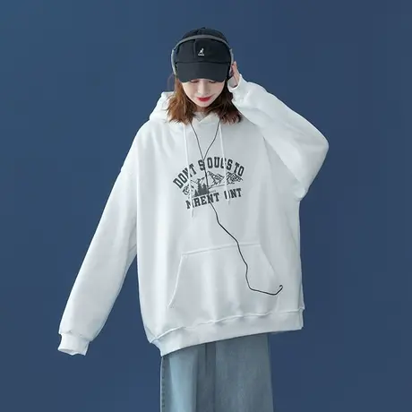 白色卫衣女秋冬加绒2024新款宽松大码设计感小众上衣高街潮牌外套商品大图