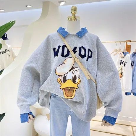 卫衣女春秋薄款2022新款韩版潮假两件POLO领宽松大码拼接牛仔外套商品大图