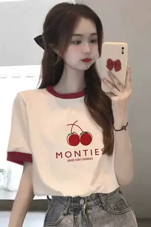 欧货仿棉短袖插肩t恤女装夏季2023新款宽松正肩显瘦拼接撞色上衣图片