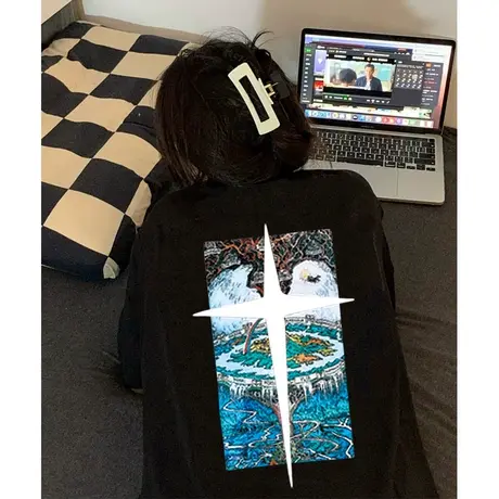 胖mm美式复古纯棉黑色短袖t恤女高街宽松街头设计感小众ins上衣夏商品大图