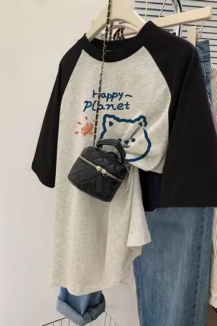 韩国东大门chic插肩t恤女大版纯棉宽松短袖ins潮甜辣休闲风上衣夏商品大图