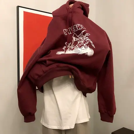 酒红色韩系高级早秋卫衣宽松hiphop套头加绒外套bf慵懒风胖mm穿搭商品大图
