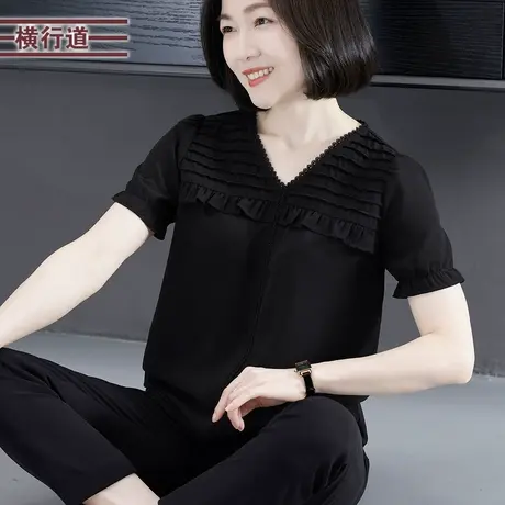 2025夏季新款简约纯色V领褶皱花边宽松短袖雪纺衫休闲女大码外穿商品大图