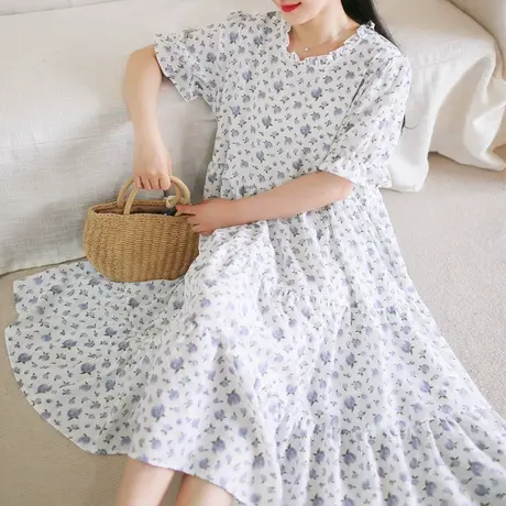 胖妹妹2025夏新品法式木耳边立领长裙大码印花短袖蛋糕裙商品大图