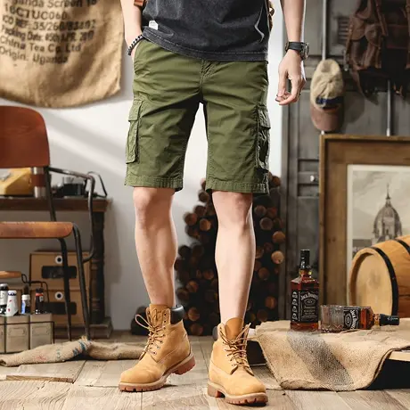 夏季薄款军绿色休闲短裤男款宽松直筒中裤潮牌多口袋工装五分裤子商品大图