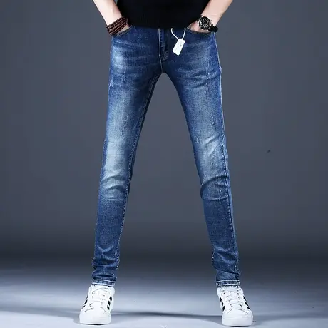 男士新款牛仔裤子简约修身经典蓝色抓痕百搭小脚裤2023秋冬男潮牌商品大图