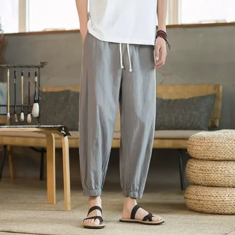 九分裤男款夏季冰丝亚麻裤子宽松阔腿长裤日系大码男士束脚灯笼裤商品大图