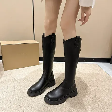 永希长筒靴女2023春秋季新款英伦风法式复古瘦瘦靴粗跟v口骑士靴商品大图