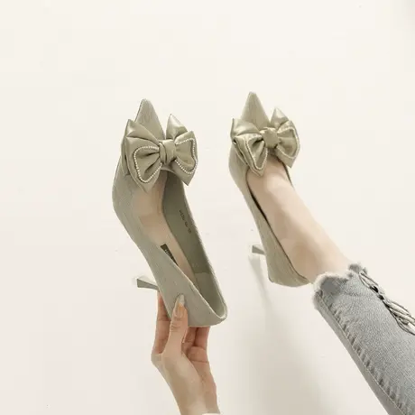 蝴蝶结单鞋女气质2024春季新款法式尖头水钻礼服鞋性感细跟高跟鞋商品大图