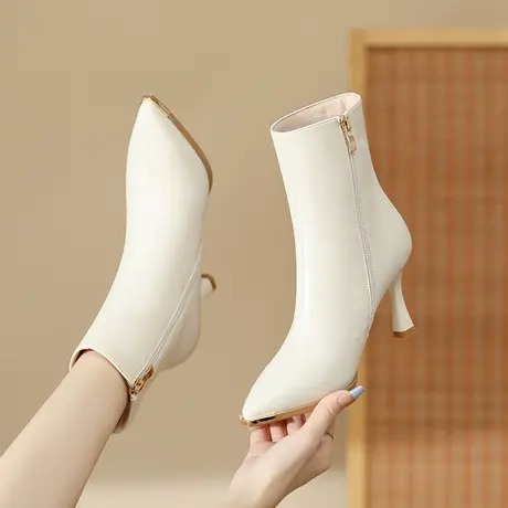 尖头细跟短靴女2024新款秋冬季加绒软皮瘦瘦靴气质配裙子高跟靴子图片