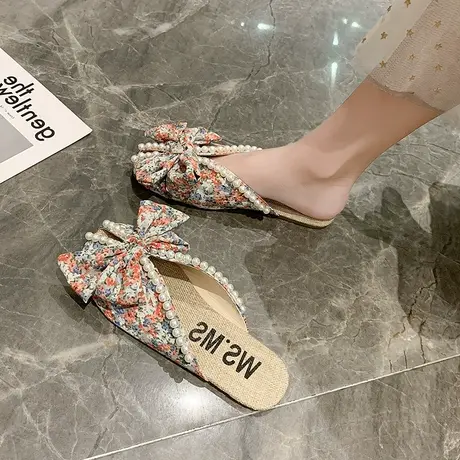 小碎花凉拖包头半拖鞋女夏外穿2023年新款蝴蝶结平底凉鞋穆勒拖鞋商品大图