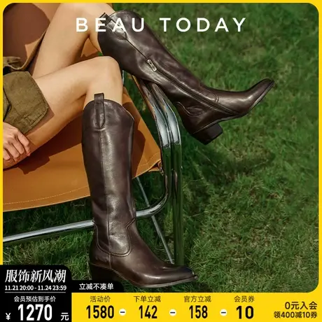 BeauToday西部牛仔靴女秋冬复古长筒靴BT骑士靴子不过膝长靴女靴图片
