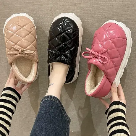 防水棉拖鞋女冬季外穿时尚菱格纹蝴蝶结室内居家包跟厚底防滑棉鞋图片