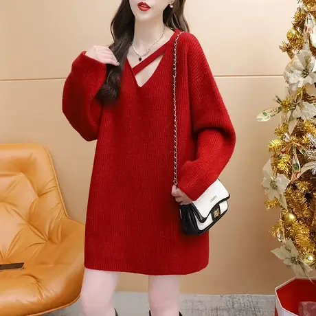 减10】慵懒风V领毛衣女中长款2023新款秋冬宽松百搭复古港味上衣图片