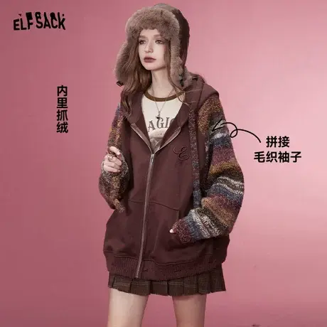 妖精的口袋连帽卫衣外套女2023冬季新款拼接设计感针织长袖上衣商品大图