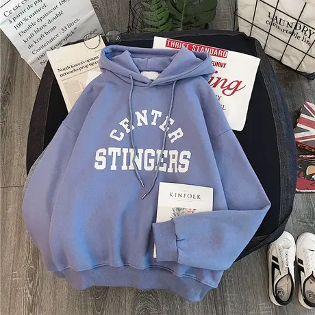 美式复古连帽卫衣女秋冬季2024新款加绒加厚宽松慵懒风上衣外套图片