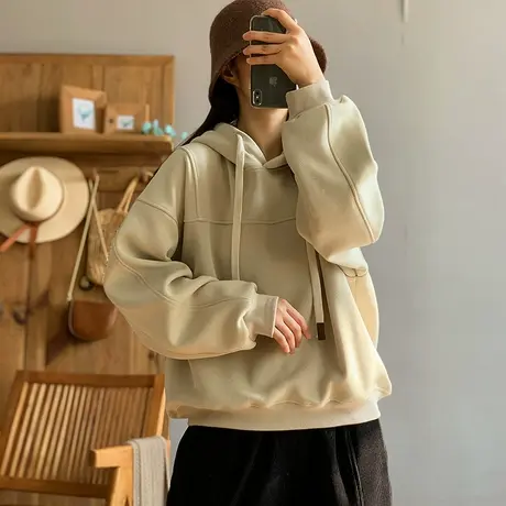 dza 复古针织一体绒连帽加绒卫衣女冬季新款宽松加厚外套宽松上衣商品大图