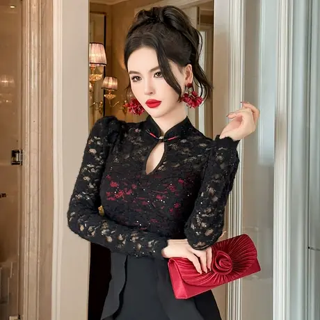 洋气显瘦黑色蕾丝打底衫女春季内搭镂空设计感小众中国风盘扣上衣商品大图