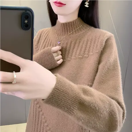 麻花半高领毛衣女2024年春秋新款韩版洋气宽松内搭针织衫打底上衣商品大图