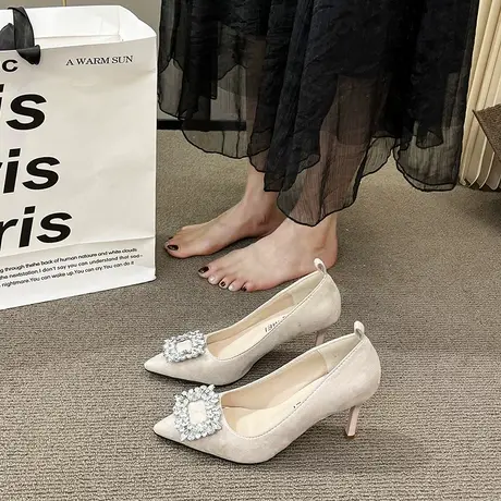 法式高跟鞋女款细跟2024年新款浅口水钻一脚蹬伴娘鞋气质尖头单鞋图片