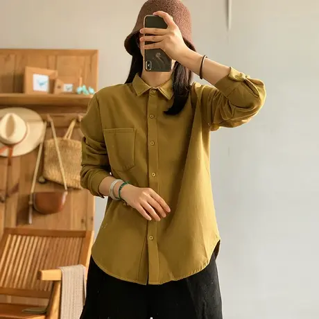 dza 复古纯色长袖加绒衬衫外套女秋冬口袋翻领衬衣休闲宽松上衣商品大图