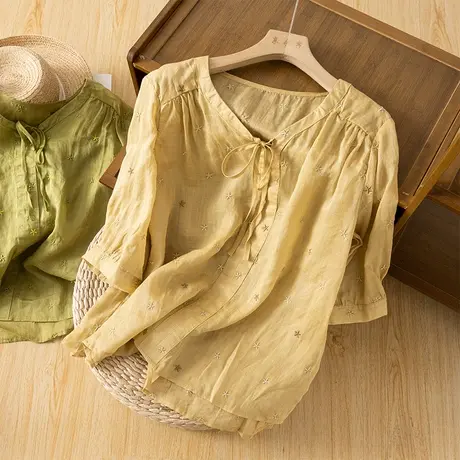 享永子七分袖苎麻上衣女文艺复古法式系带领棉麻刺绣小衫2024新款商品大图