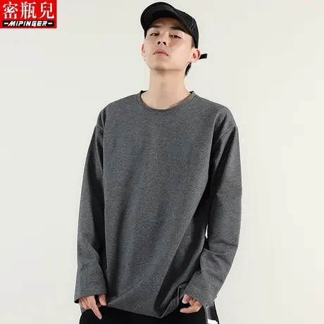 密瓶儿长袖t恤男ins秋装男士纯色大码宽松衣服潮牌运动休闲上衣男图片