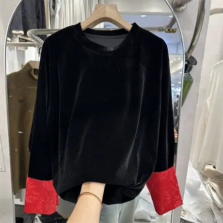 高级感超好看新中式国风丝绒拼接红色缎面衬衫上衣内搭女春季新款商品大图