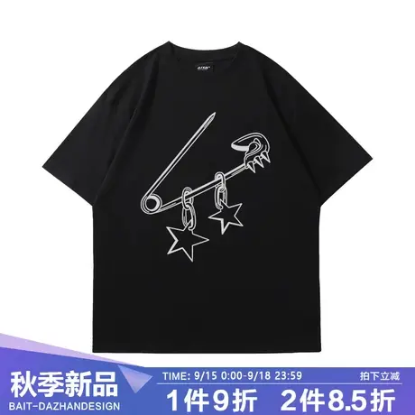 小众设计感t恤短袖情侣款半袖高街vibe风曲别针星星INS黑色上衣夏商品大图