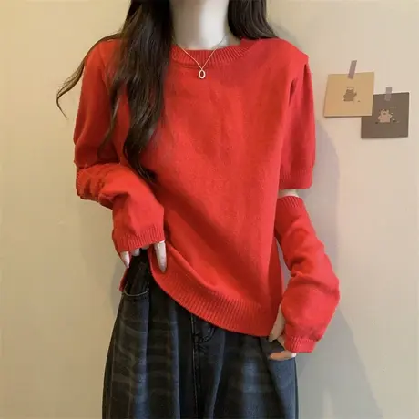 红色新年毛衣女秋冬内搭洋气显瘦小众设计感拆分袖套短袖针织上衣图片