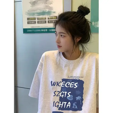 纯棉潮牌印花设计感短袖t恤女夏季新款小众宽松美式复古半袖上衣商品大图
