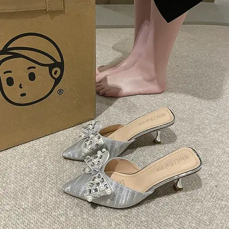 法式包头半拖女细跟水钻2024年新款尖头外穿凉拖鞋气质百搭高跟鞋商品大图