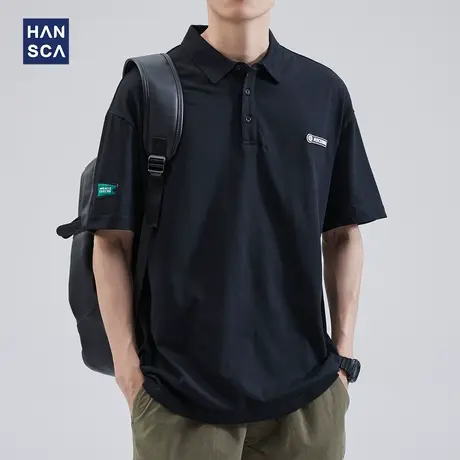 hansca夏季短袖Polo衫男潮牌纯棉高端休闲宽松大码翻领黑色体恤衫商品大图