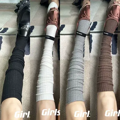 美拉德白色小腿袜miu风叠穿袜纯色百搭竖条纹咖色堆堆袜过膝袜子商品大图