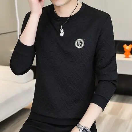 圆领卫衣男士秋季时尚提花长袖T恤打底衫休闲百搭潮牌男装上衣服图片