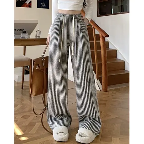 竖条纹裤子女春季2024新新松紧松紧高腰休闲直筒慵懒风阔腿长裤图片
