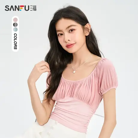 三福短T恤2023夏时尚褶皱设计U领合体气质上衣女装474865商品大图