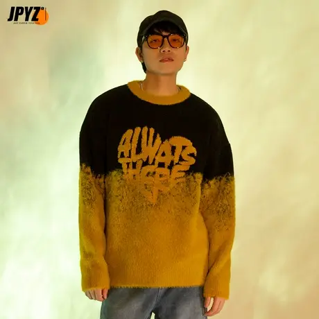 国潮日系复古刺绣针织衫拼接撞色圆领套头民族风毛衣秋冬男女宽松商品大图