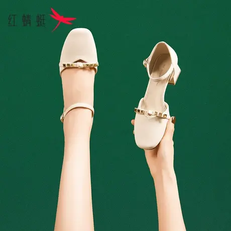 红蜻蜓包头凉鞋女2023年夏季新款时装粗跟外穿中跟单鞋百搭妈妈鞋商品大图