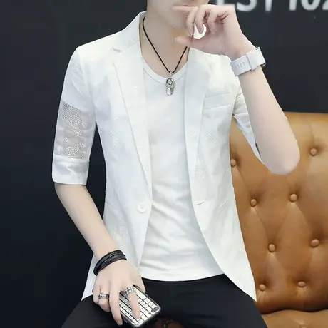 夏天潮流男士镂空西服外套理发师韩版帅气上衣服个性男装修身西装图片