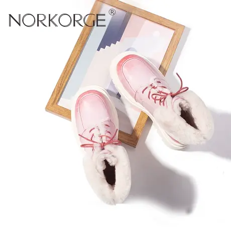 原创新款手工复古粉色雪地靴女靴真皮圆头粗跟保暖马丁靴真毛短靴商品大图