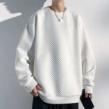 白色长袖t恤男春秋季新款港风宽松休闲打底衫男士华夫格圆领卫衣商品大图