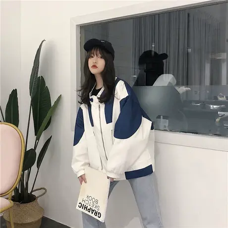 保护欲Vintage藏青拼接白色廓形撞色宽松外套女春秋百搭学生工装商品大图