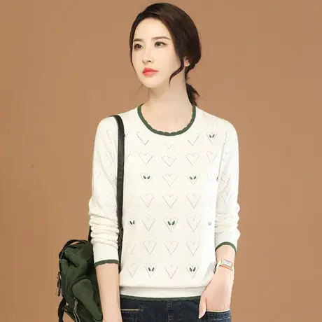 韩潮袭人圆领长袖白色套头针织衫女2023秋季新款打底衫毛衣上衣商品大图