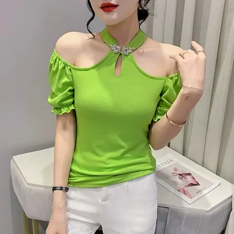 性感露肩挂脖T恤女短袖欧货泡泡袖小衫百搭气质设计感女小众丅恤商品大图