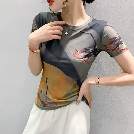 减龄漂亮印花T恤女短袖时尚网纱圆领小衫夏季显瘦修身上衣体恤ins商品大图