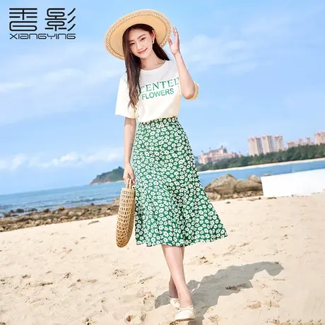 香影t恤女短袖2023夏装新款设计感字母印花宽松休闲圆领米色上衣商品大图