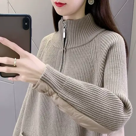 拉链半高领中长款棉袄假两件女装休闲洋气爆款设计感加厚保暖毛衣商品大图