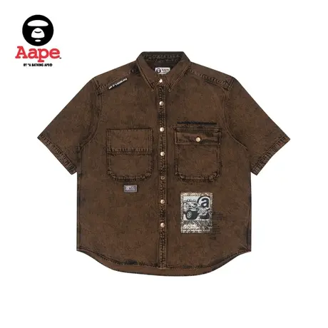Aape旗舰店男装春夏山系简约纯色刺绣工装涂鸦短袖衬衫8404XBI图片