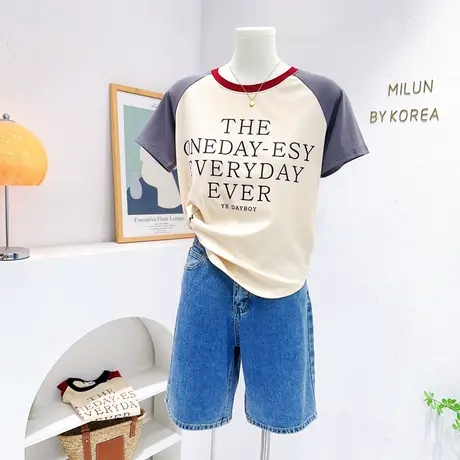 小个子显高~2023夏季韩国东大门复古字母短袖上衣纯棉螺纹T恤拼色图片